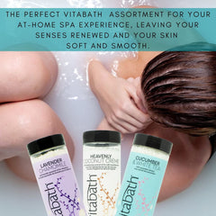 Vitabath Lavender Chamomile foaming salts texture and foam emphasize moisturizing skin care benefits.