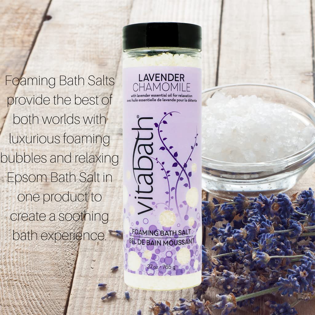 Vitabath foaming bath salts ingredients panel shows vitamins A, B3, C, E and provitamin B5.