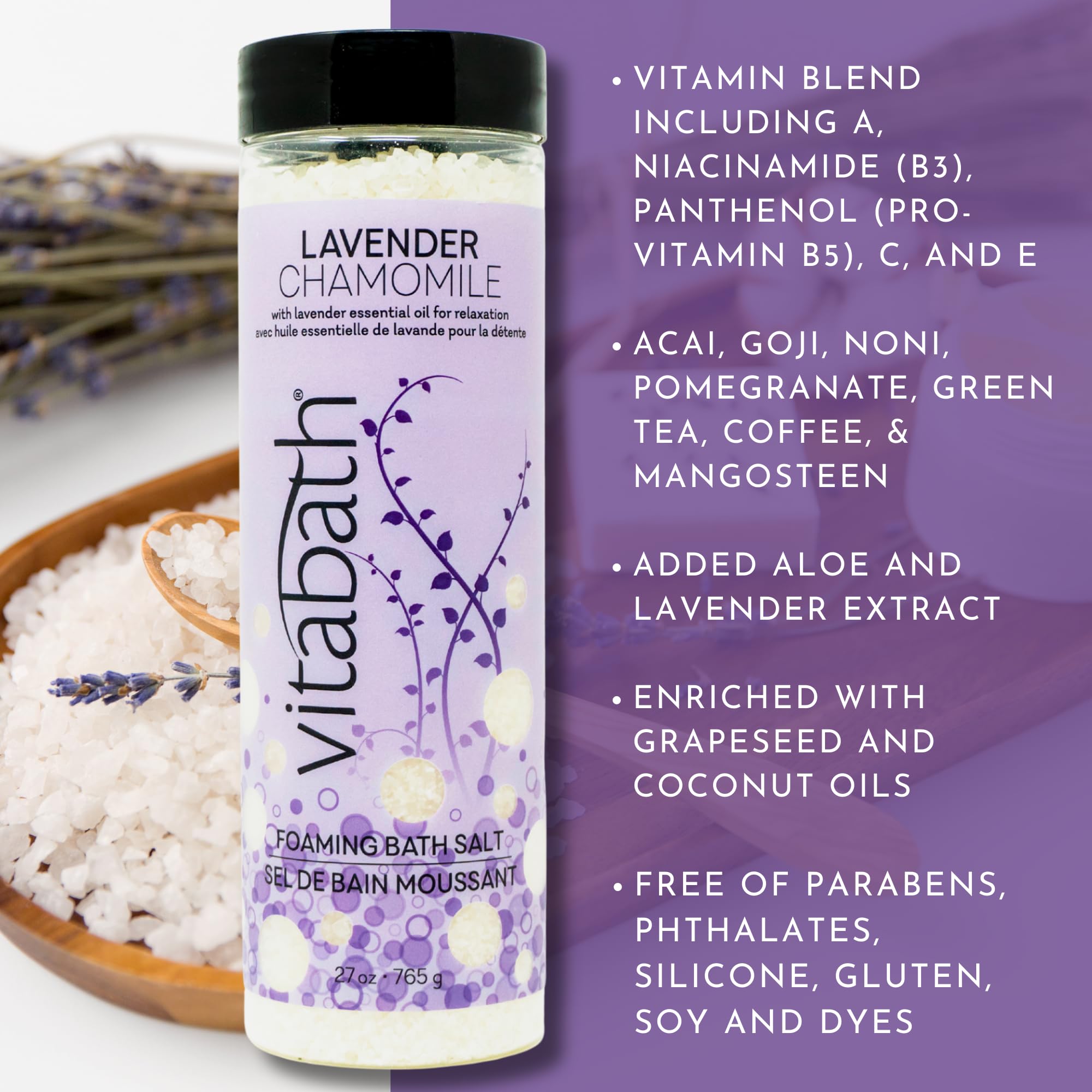 Vitabath Lavender Chamomile foaming bath salts being poured into water suggests easy dispersion and relaxation.