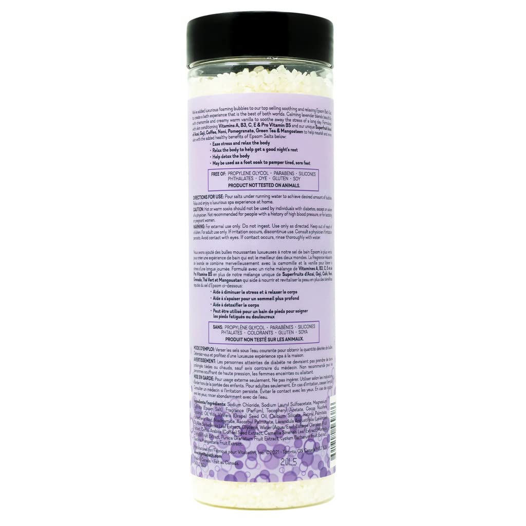 Vitabath Lavender Chamomile foaming bath salts deliver a calming spa-like ambiance in a relaxing home soak.