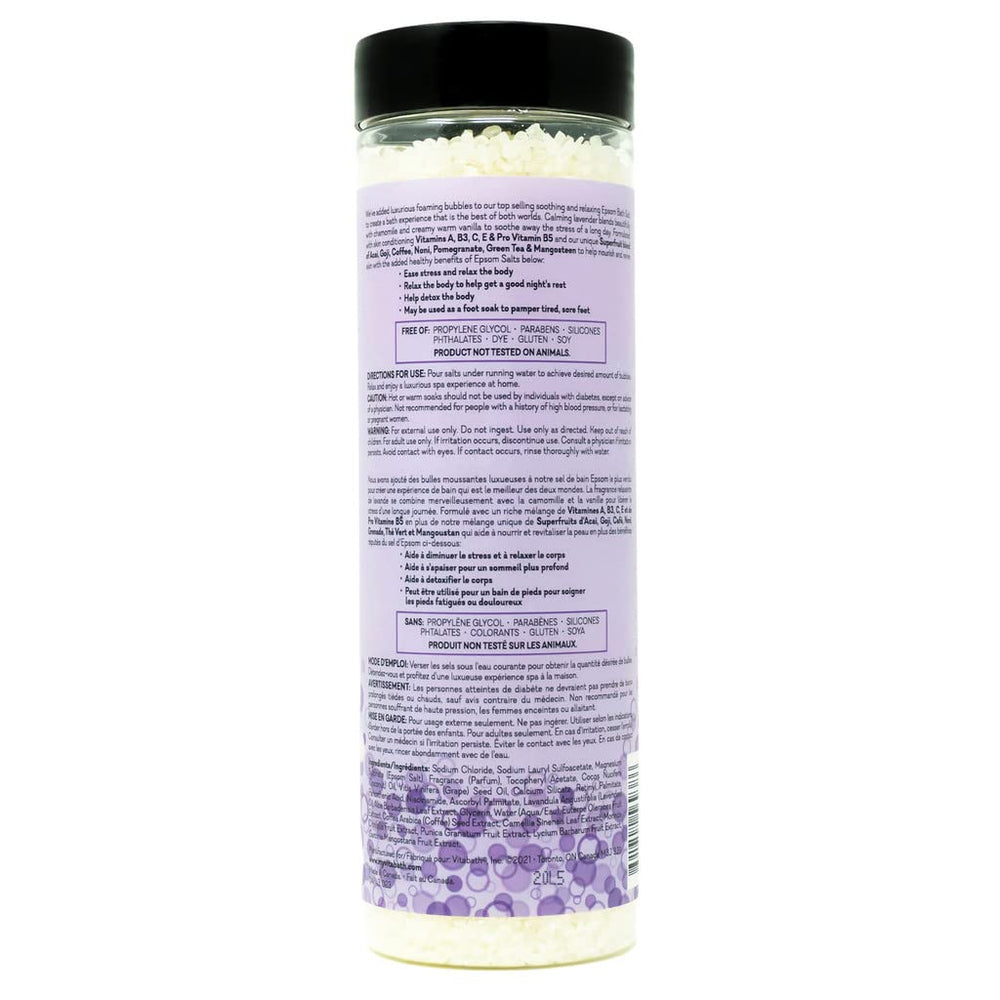 Vitabath Lavender Chamomile foaming bath salts deliver a calming spa-like ambiance in a relaxing home soak.