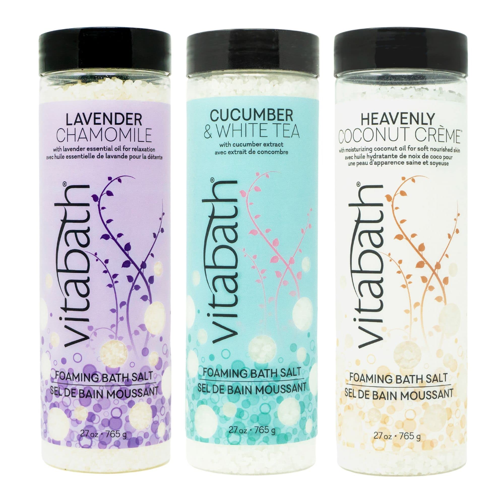 Vitabath bath salts in a tub scene emphasize skin-friendly formula for nourishing care.