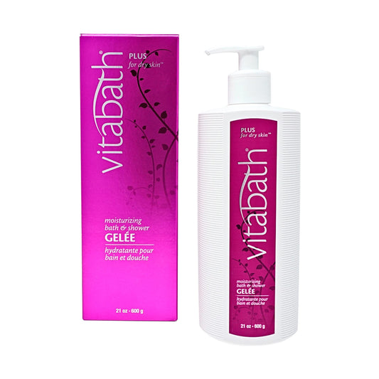 Vitabath Plus bottle pour shows a luxurious cleanse and hydrating moment for dry skin.
