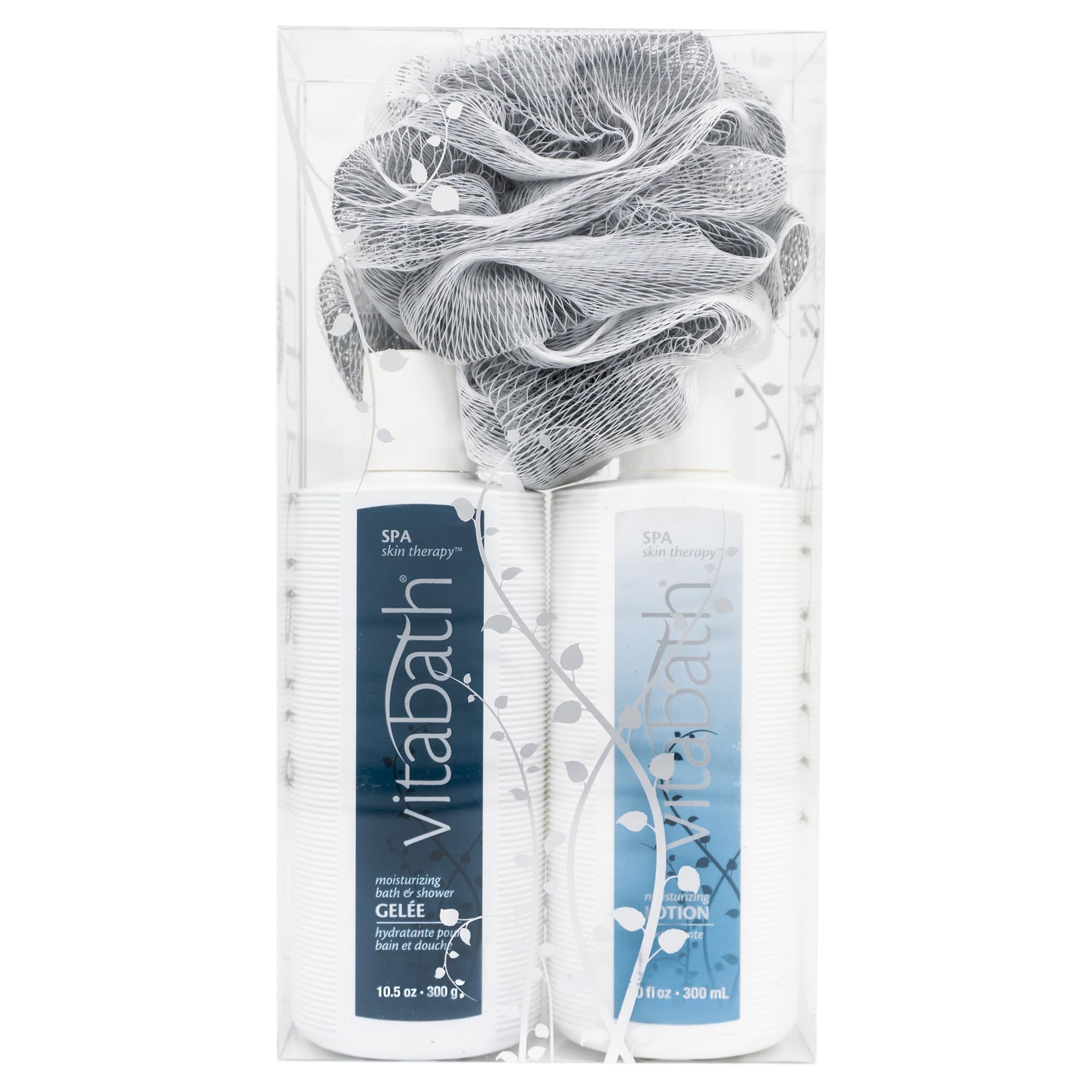 Vitabath Spa Skin Therapy set with bottle and pouf for a spa-like daily cleanse.