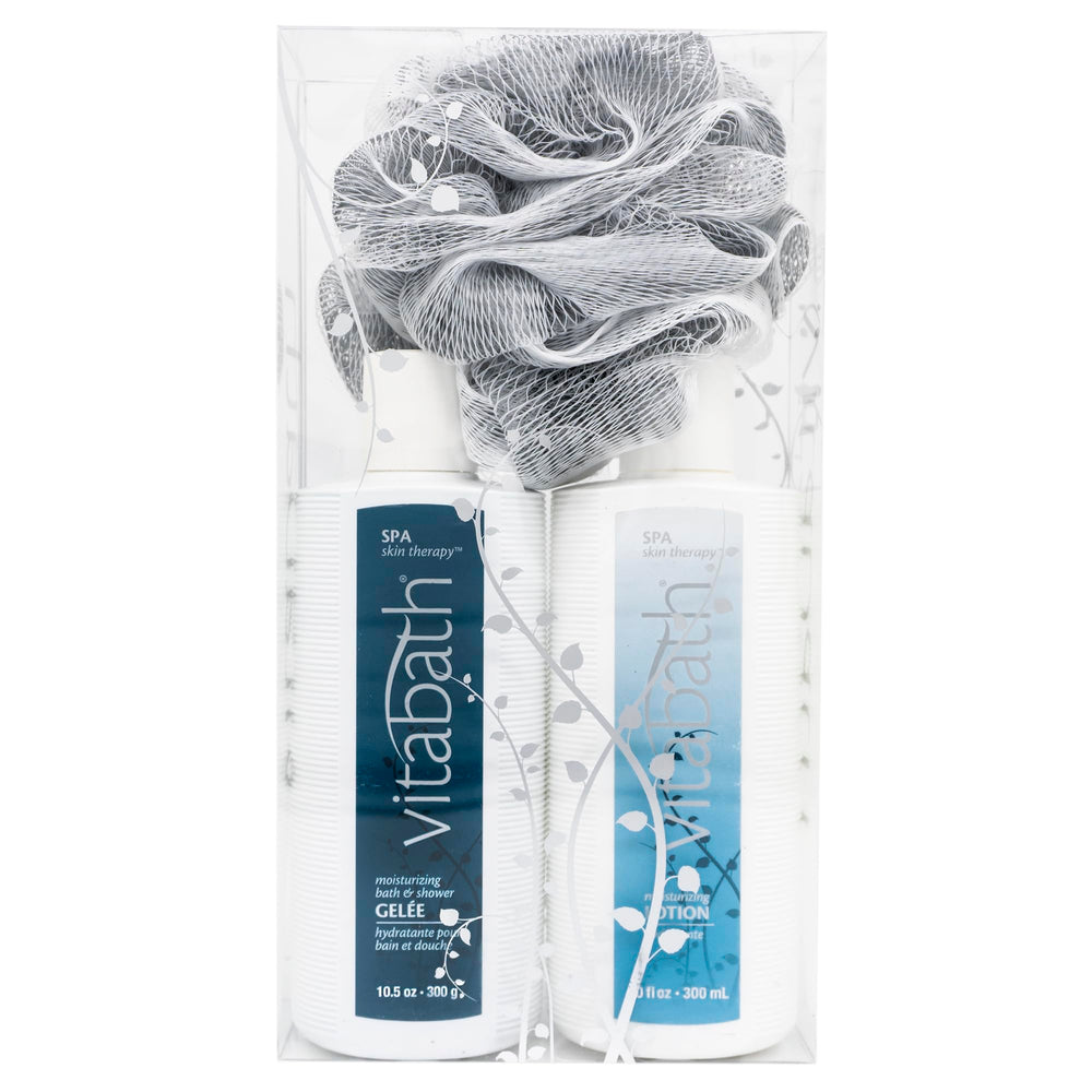 Vitabath Spa Skin Therapy set with bottle and pouf for a spa-like daily cleanse.