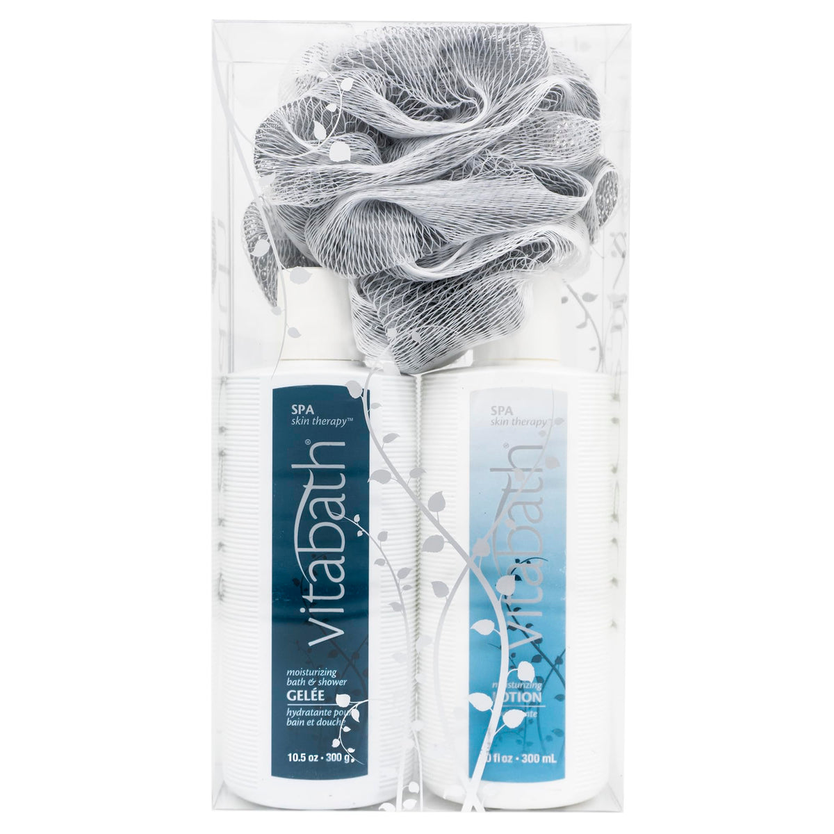 Vitabath Spa Skin Therapy set with bottle and pouf for a spa-like daily cleanse.