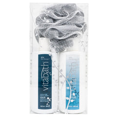 Vitabath Spa Skin Therapy set with bottle and pouf for a spa-like daily cleanse.