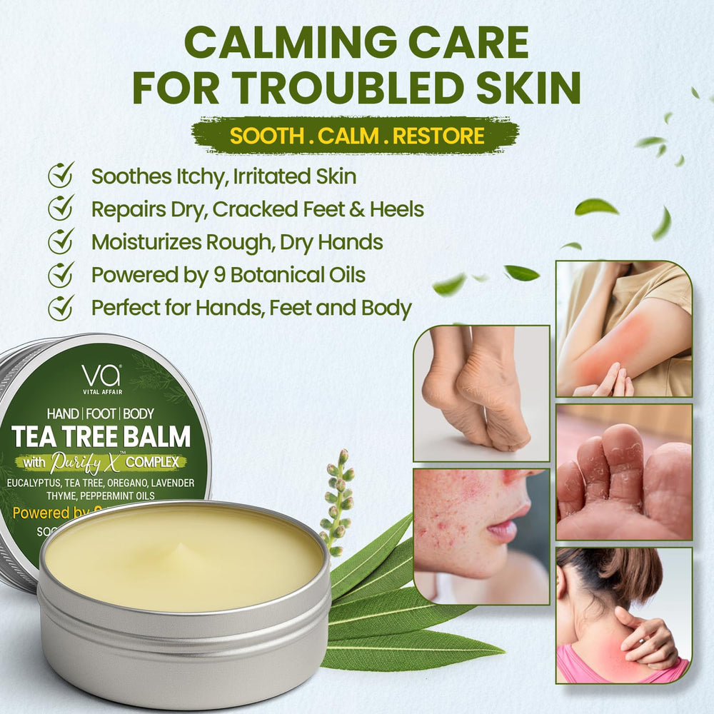 Vital Affair Tea Tree Oil Balm foot-care focus for softening cracked heels.