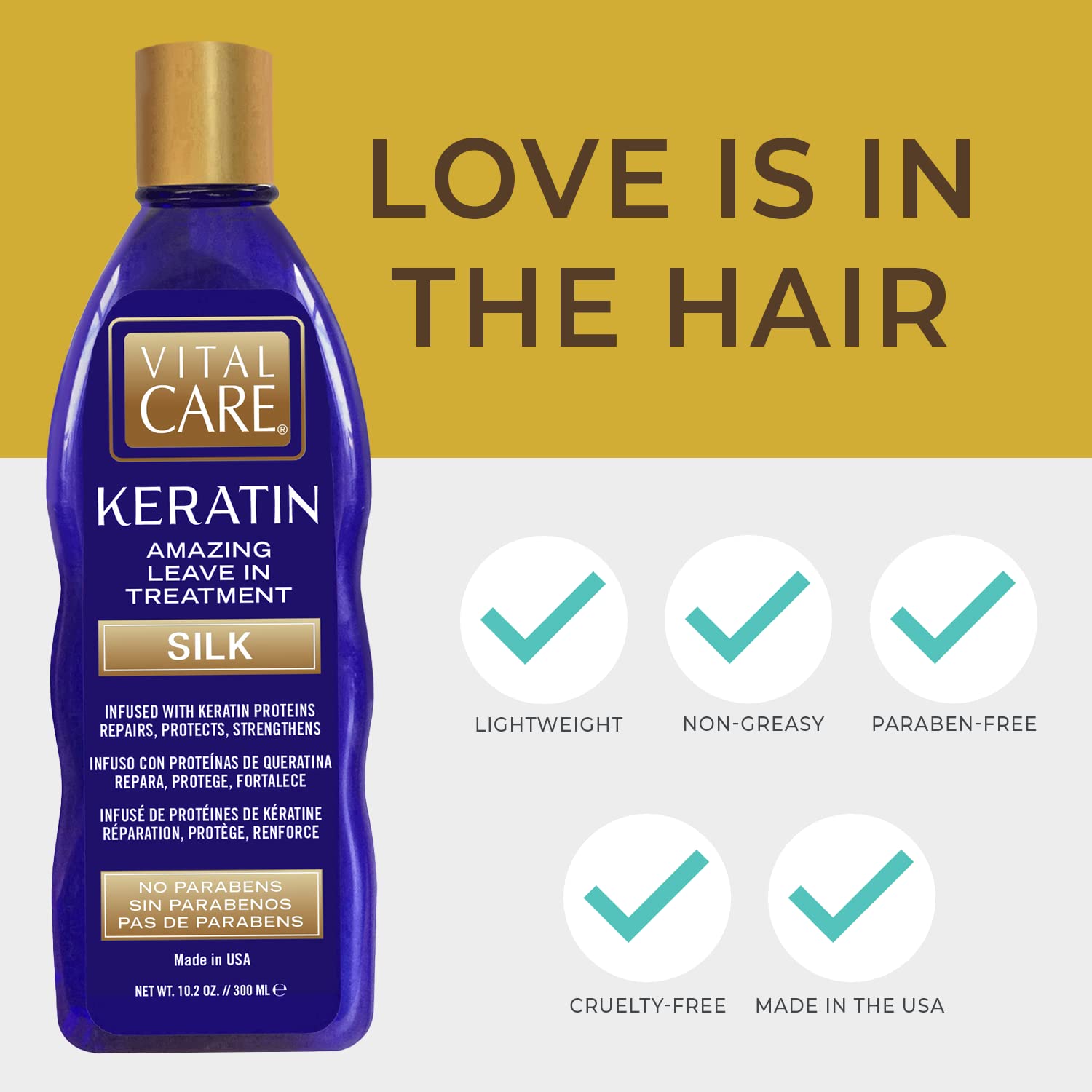 Vital Care Keratin Amazing Leave-In Silk ingredients highlight Abyssinian, Avocado, Sunflower oils.