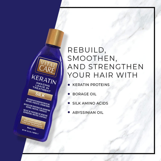 Vital Care Keratin Amazing Leave-In Silk pump bottle showing lightweight hydration.