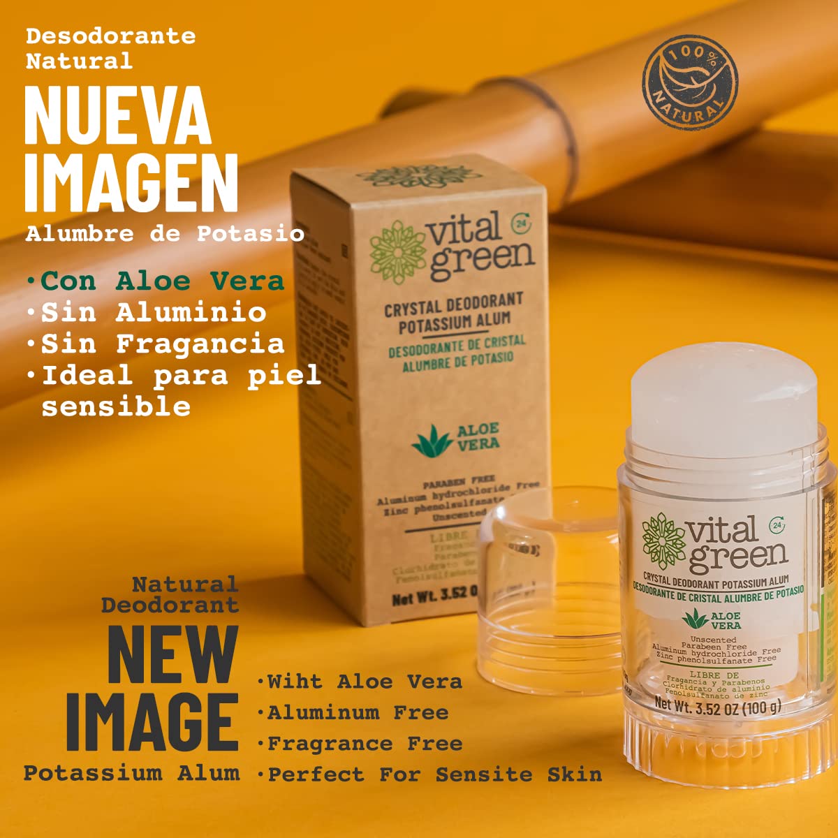 Aloe vera enriched Vital Green crystal deodorant stone emphasizing gentle, soothing mineral protection.