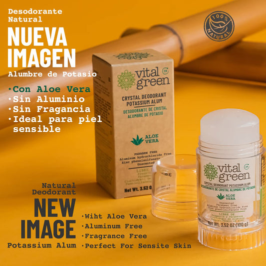Aloe vera enriched Vital Green crystal deodorant stone emphasizing gentle, soothing mineral protection.