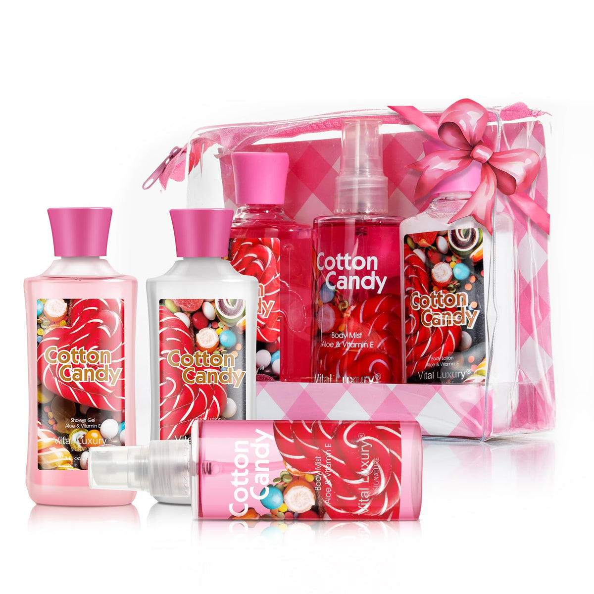 Vital Luxury cotton candy shower gel bottle for refreshing cleansing on the go.