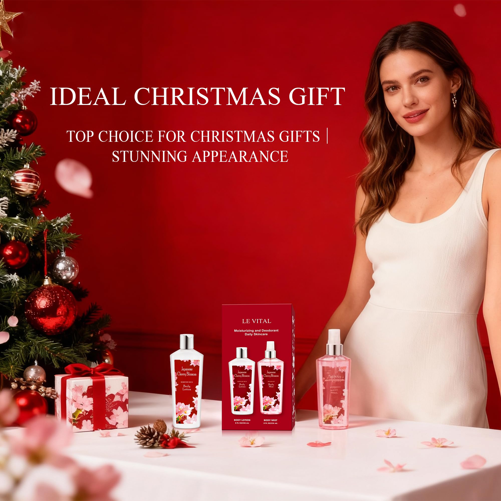 Vital Luxury Cherry Blossom Mist and Cream duo on shelf suggests daily routine.