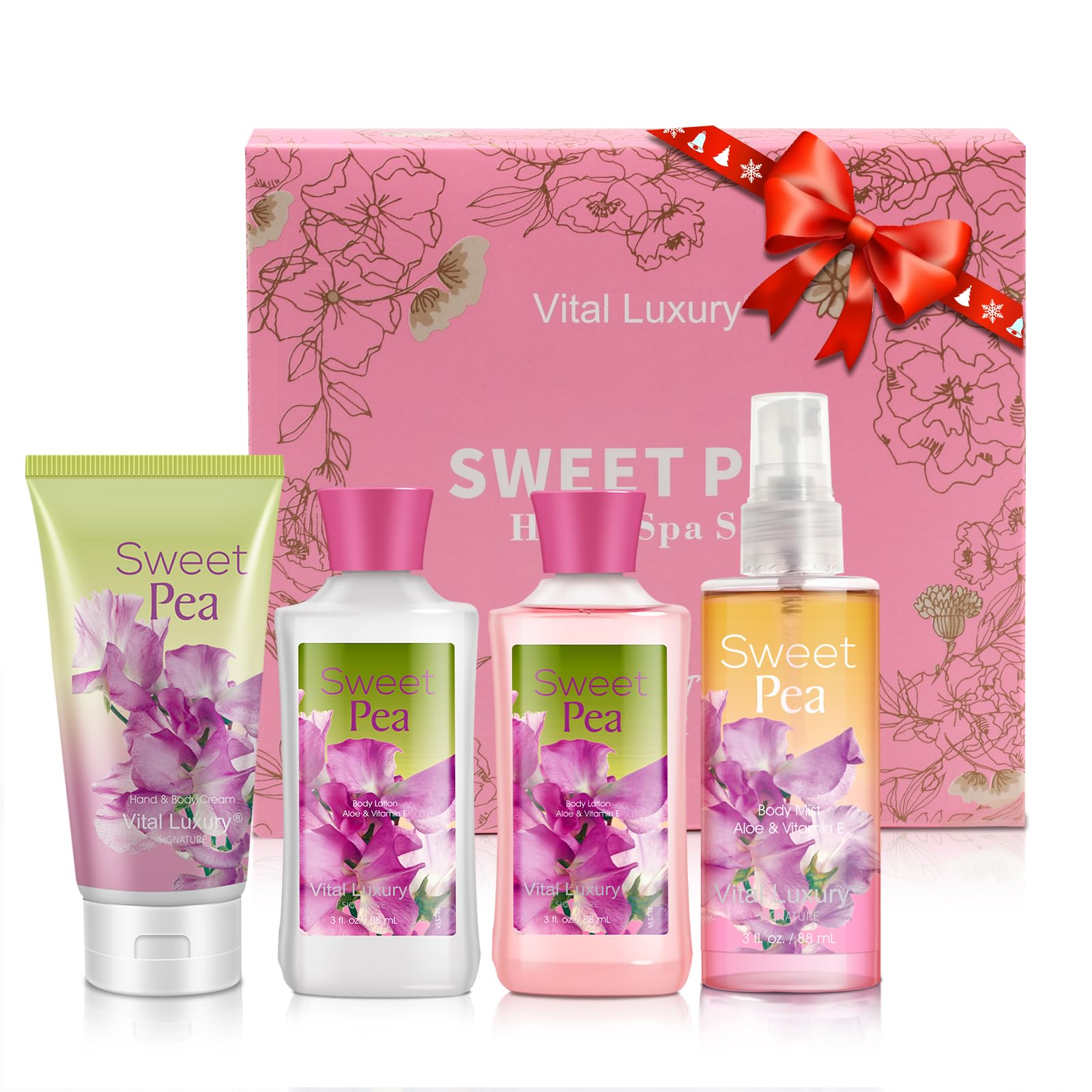 Vital Luxury Sweet Pea Bath & Body Kit front view, ideal as a stylish gift for her.