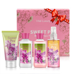 Vital Luxury Sweet Pea Bath & Body Kit front view, ideal as a stylish gift for her.