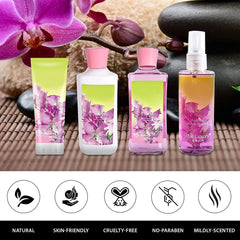 Vital Luxury Sweet Pea Spa Set on a vanity, inviting at-home pampering.