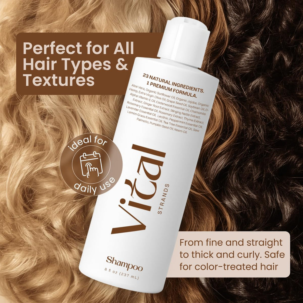 Vital Strands shampoo bathroom setup suggests a simple daily care routine