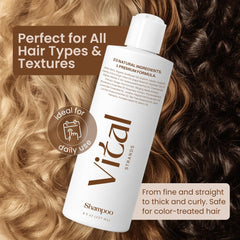 Vital Strands shampoo bathroom setup suggests a simple daily care routine