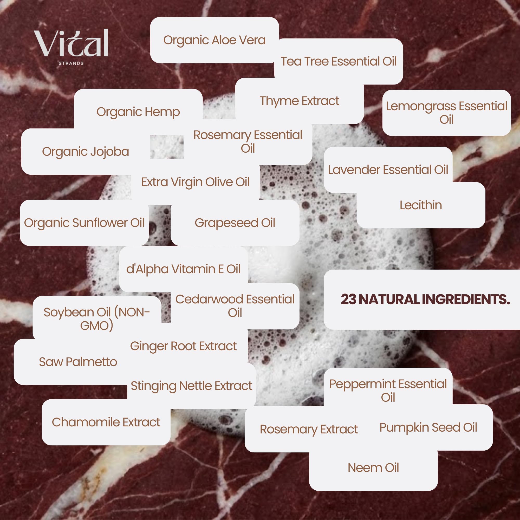 Vital Strands shampoo ingredients blend highlights rosemary, nettle and saw palmetto for nourishment