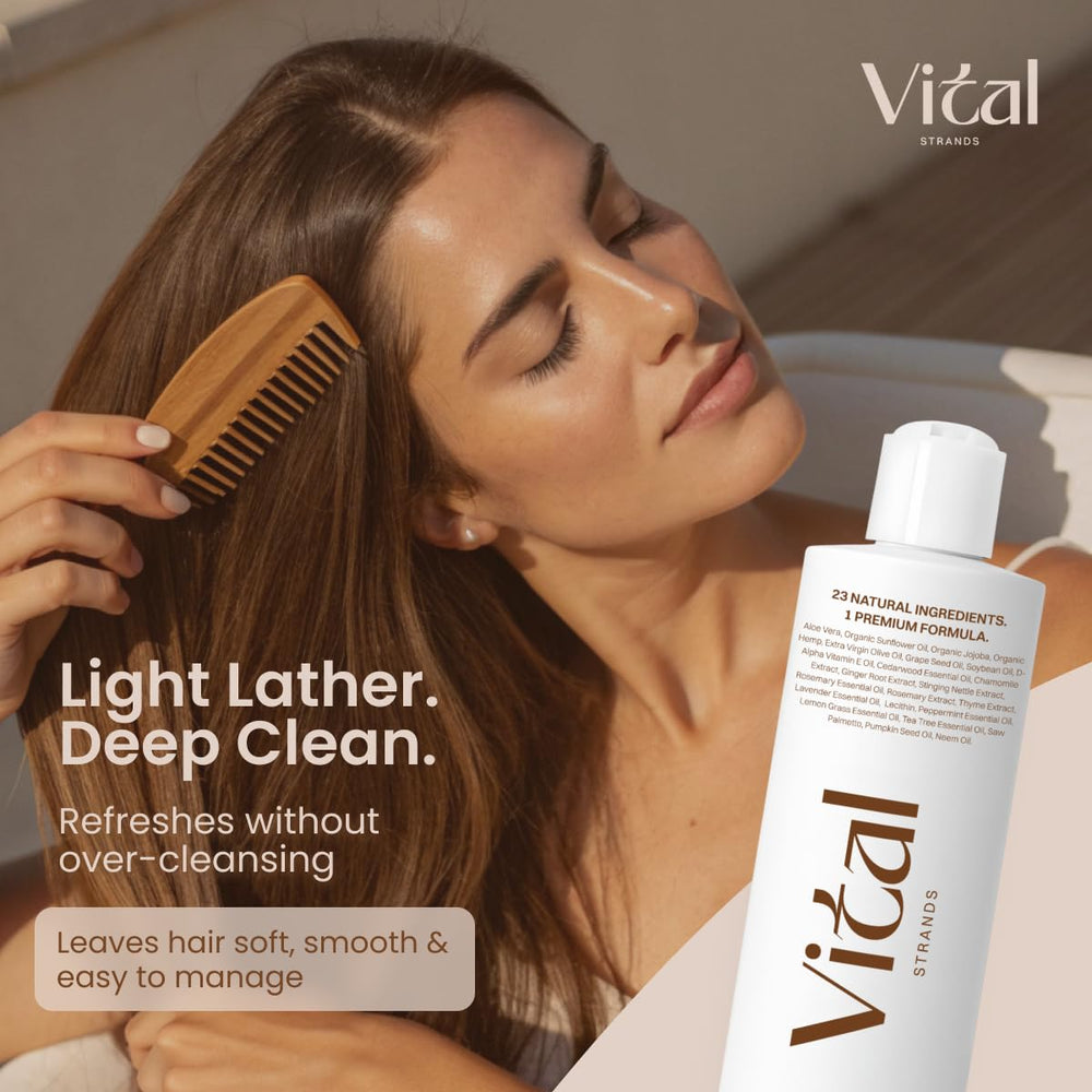 Vital Strands shampoo lather closeup demonstrates rich foam with light feel