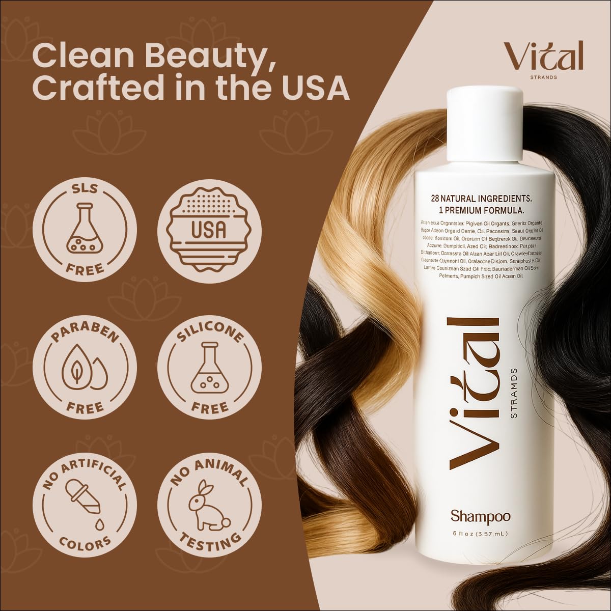 Vital Strands shampoo product label 8oz communicates sulfate-free scalp care