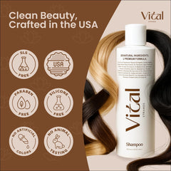 Vital Strands shampoo product label 8oz communicates sulfate-free scalp care