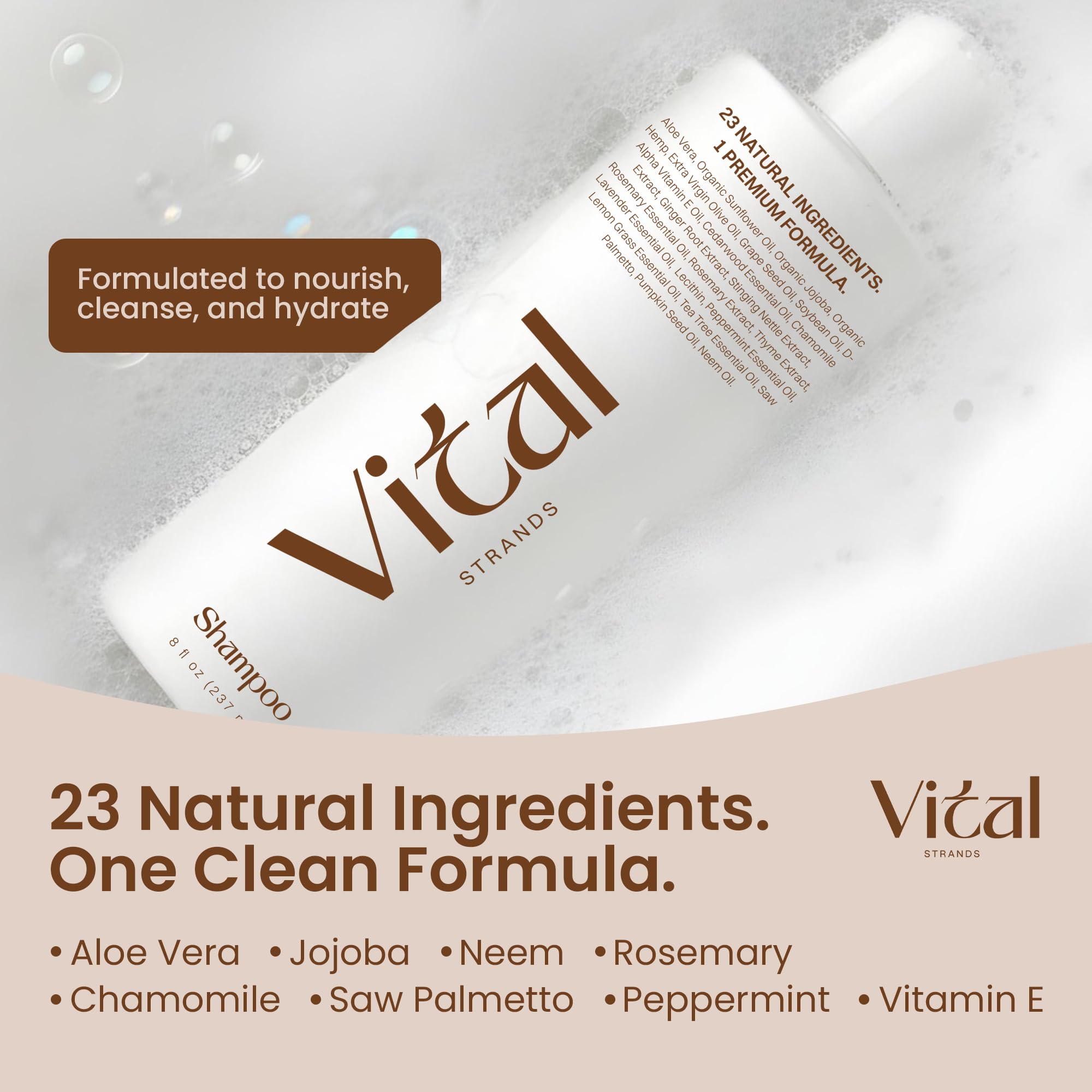 Vital Strands shampoo pump action shows easy distribution for scalp cleansing