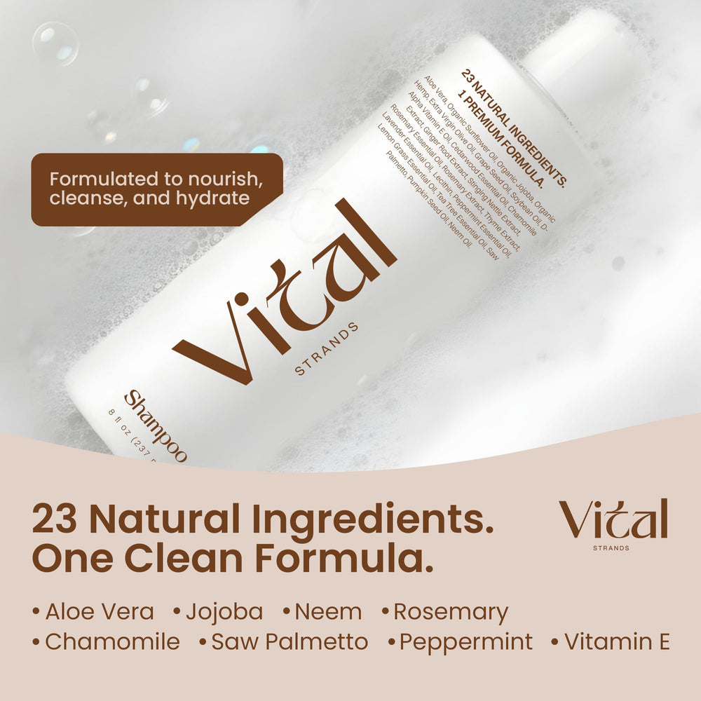 Vital Strands shampoo pump action shows easy distribution for scalp cleansing