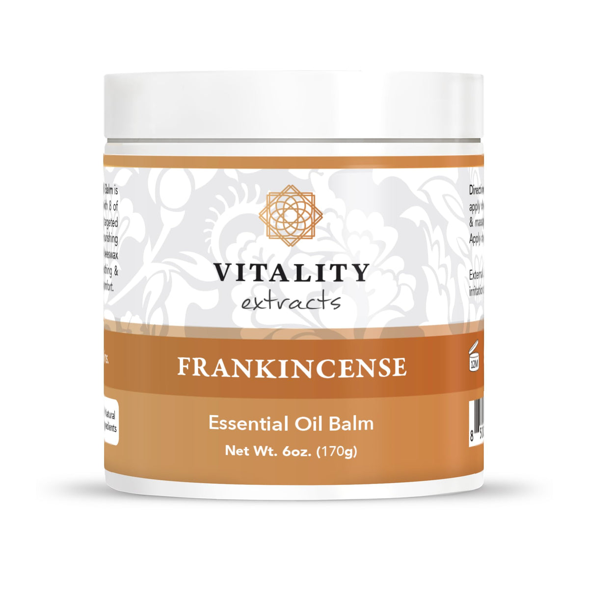 Vitality Frankincense Balm jar closeup, creamy texture ideal for hydrating dry skin.