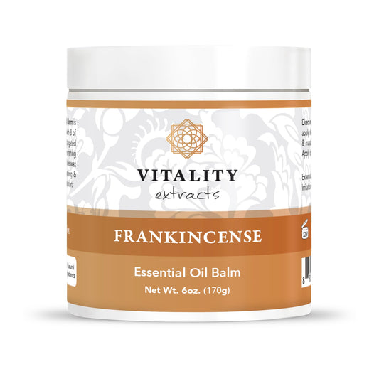 Vitality Frankincense Balm jar closeup, creamy texture ideal for hydrating dry skin.