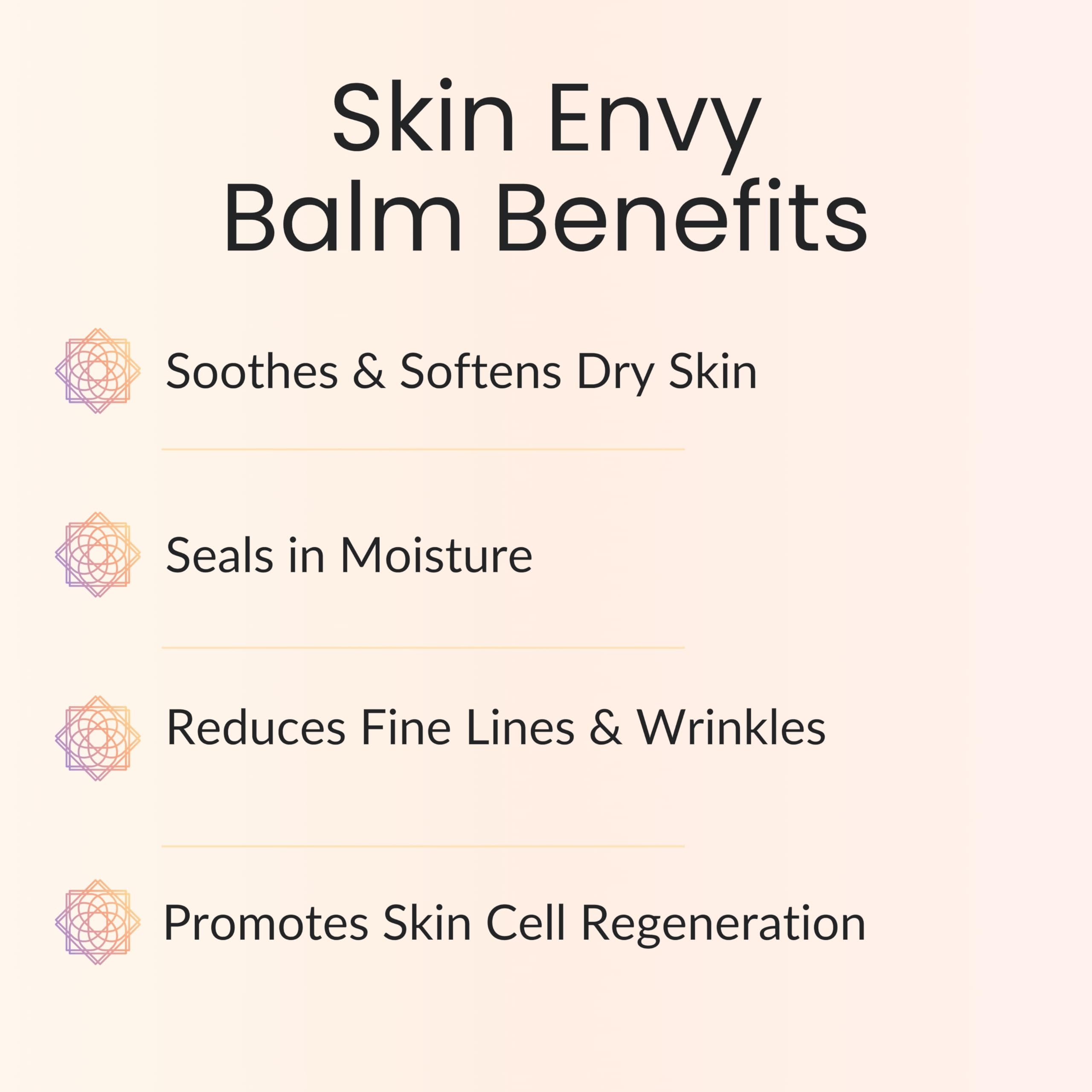 Close-up of Vitality Skin Envy Balm bottle highlighting coconut oil and vitamin E.