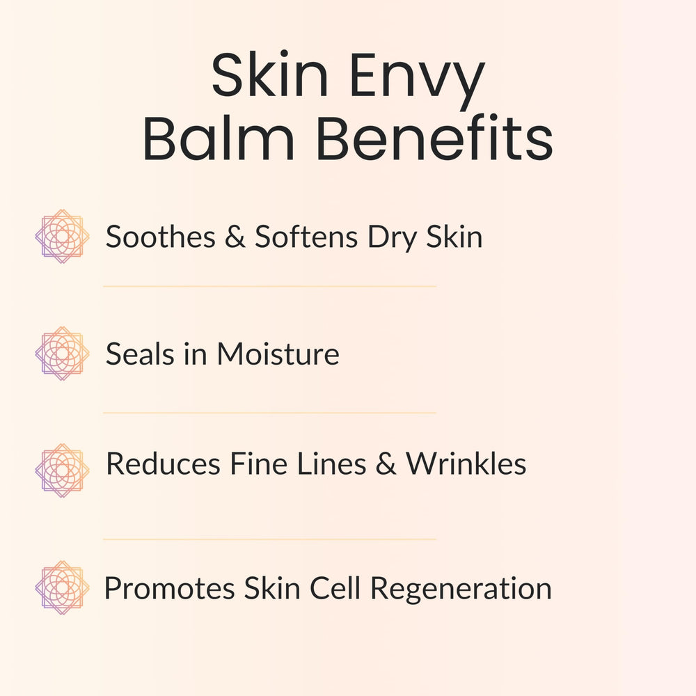 Close-up of Vitality Skin Envy Balm bottle highlighting coconut oil and vitamin E.