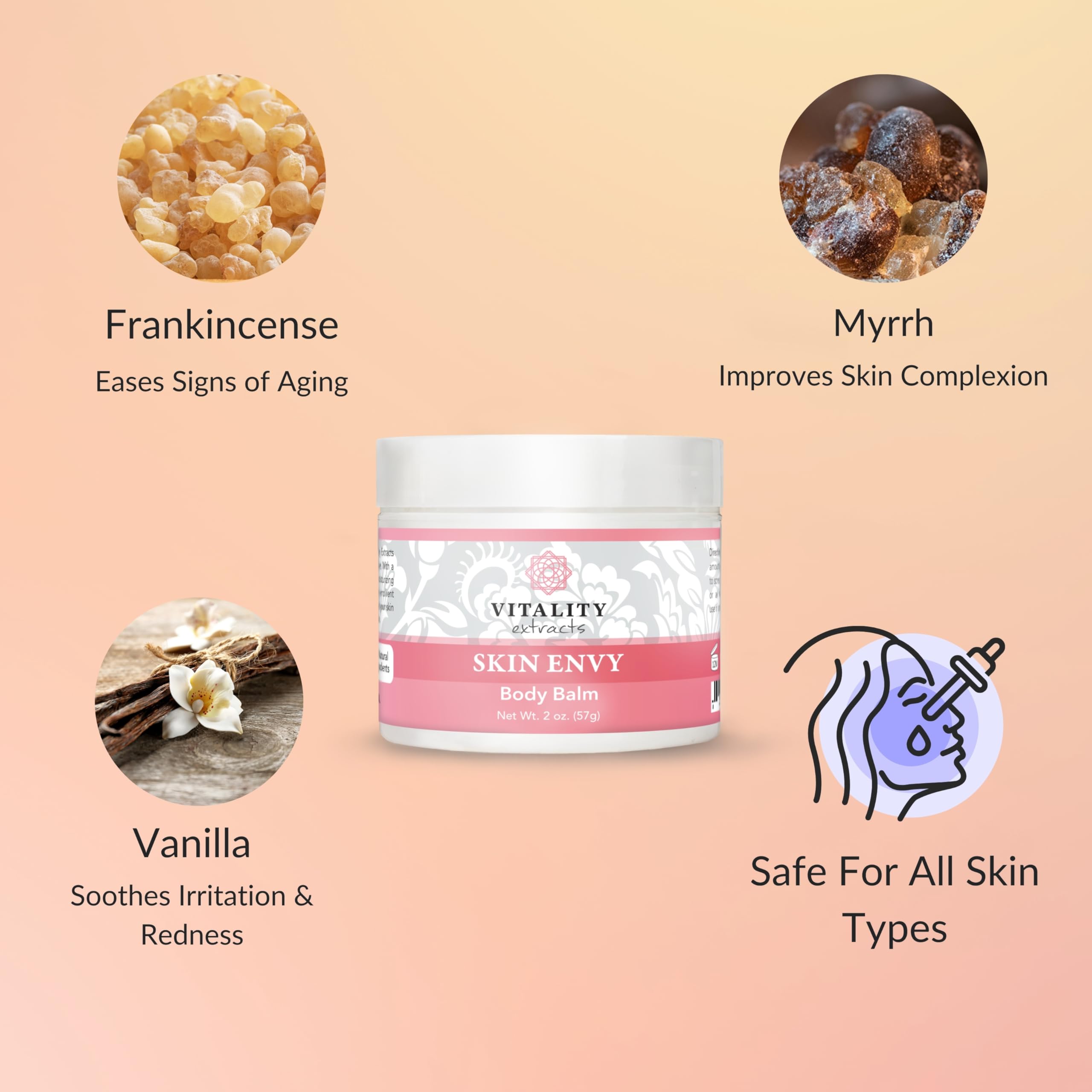 Vitality Skin Envy Balm essential oils—frankincense, myrrh and sandalwood.