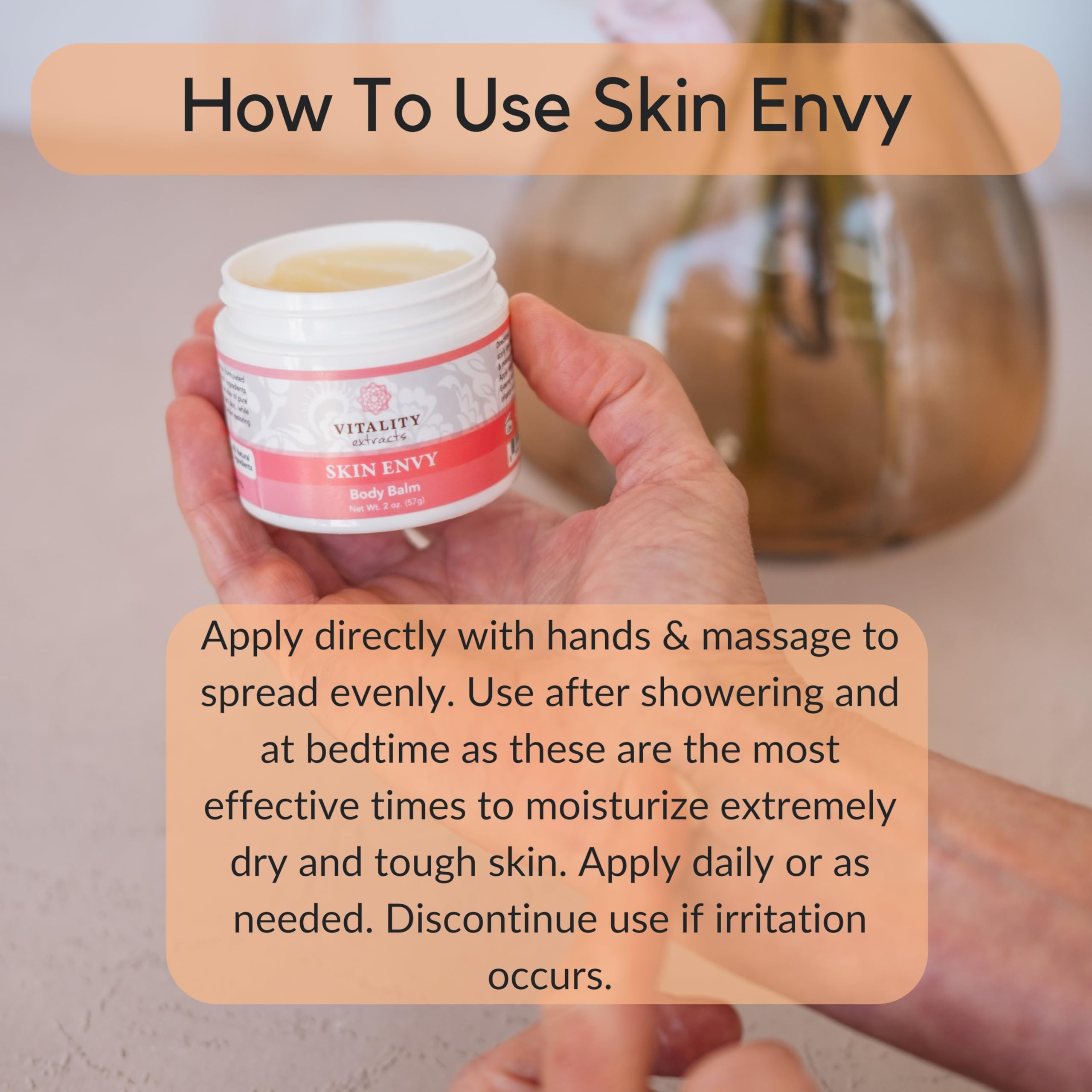 Vitality Skin Envy Balm packaging highlights clean, cruelty-free formulation.
