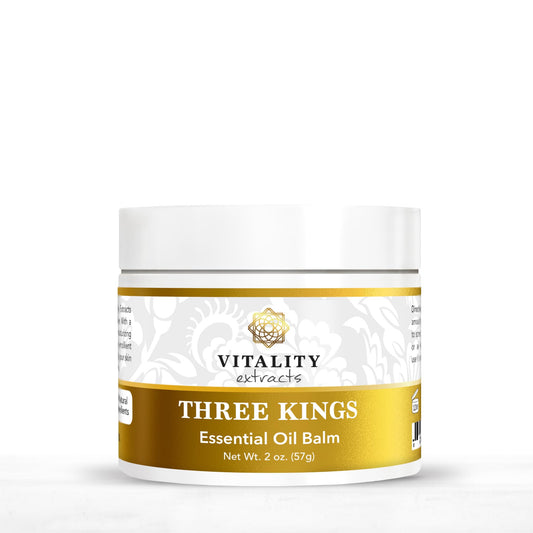 Vitality Three Kings Balm jar front, ultra hydration for dry skin.