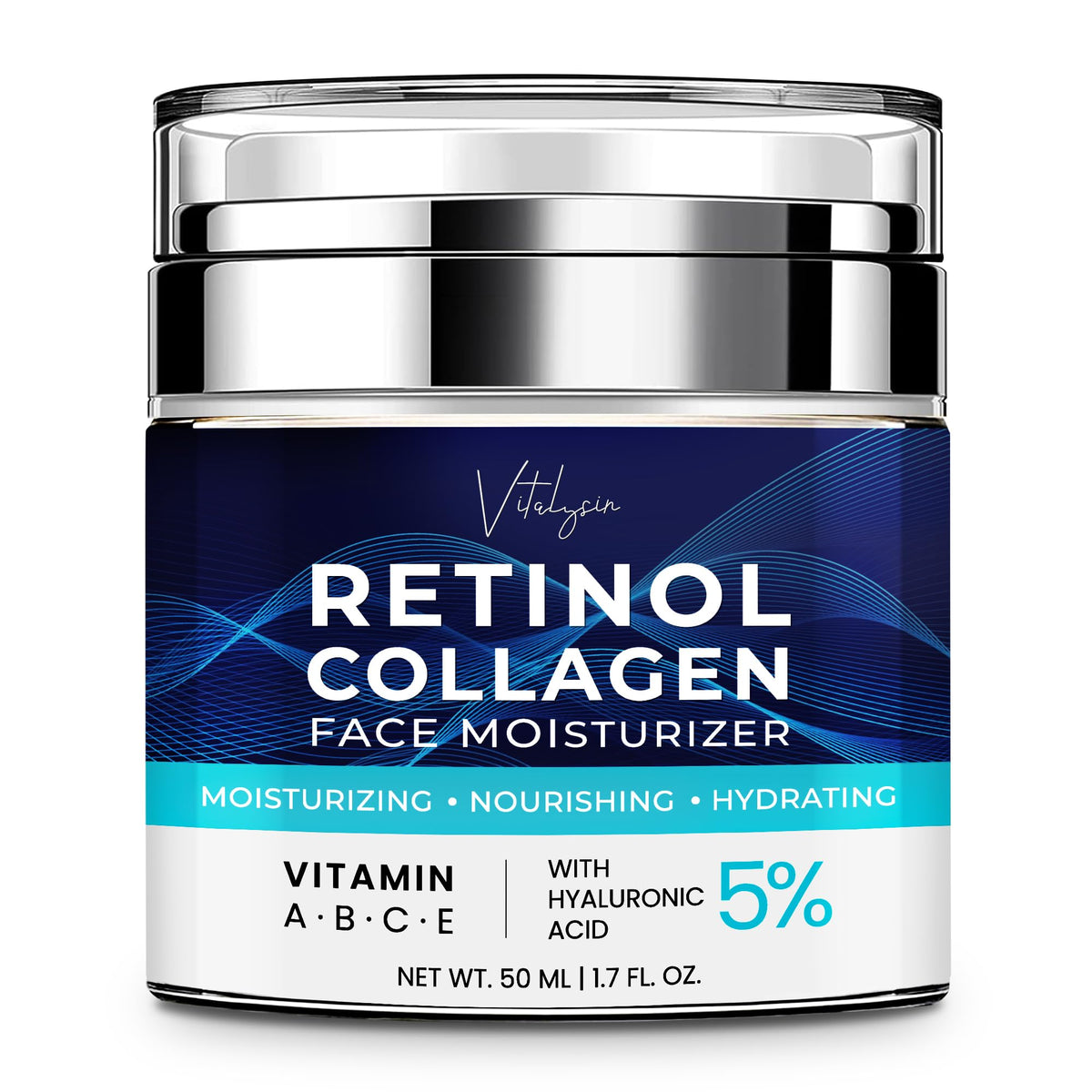 Vitalysin face moisturizer packaging showcases premium aging-skin care in a sleek bottle.