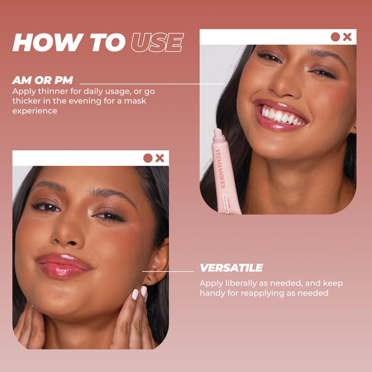 Vitamasques Lip Mask texture swirl highlights a creamy cocoa butter formulation.