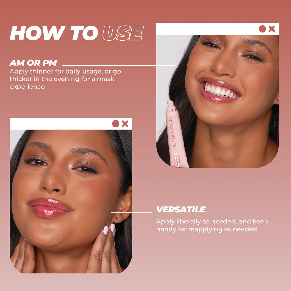 Vitamasques Lip Mask texture swirl highlights a creamy cocoa butter formulation.