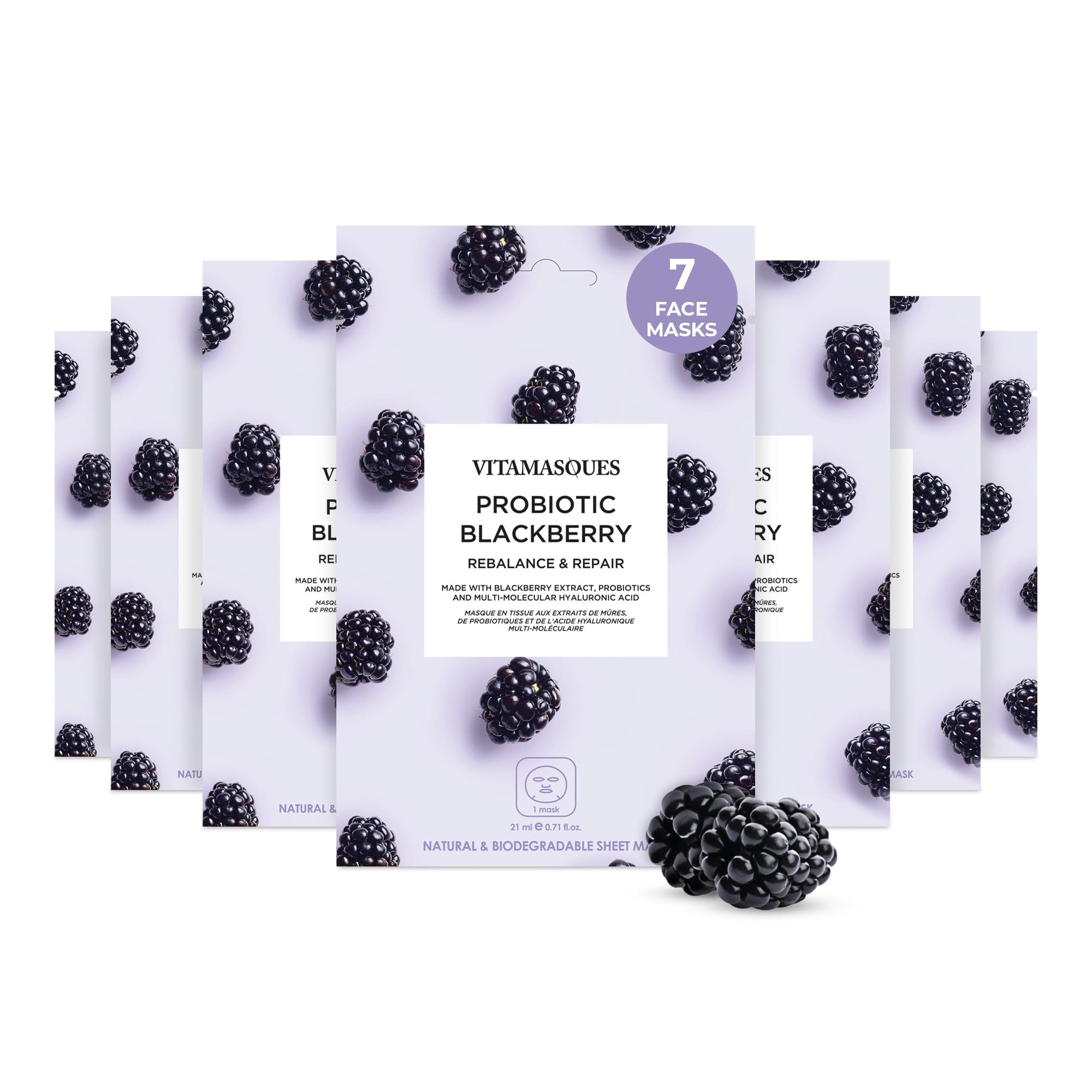 Vitamasques probiotic blackberry face sheet mask 7-pack pack-shot for hydrating skin