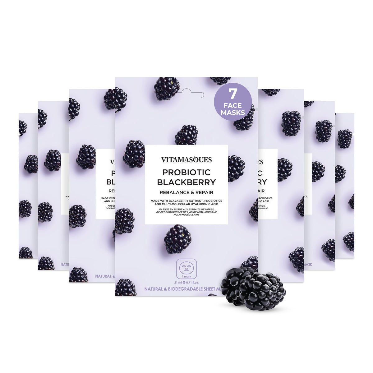 Vitamasques probiotic blackberry face sheet mask 7-pack pack-shot for hydrating skin