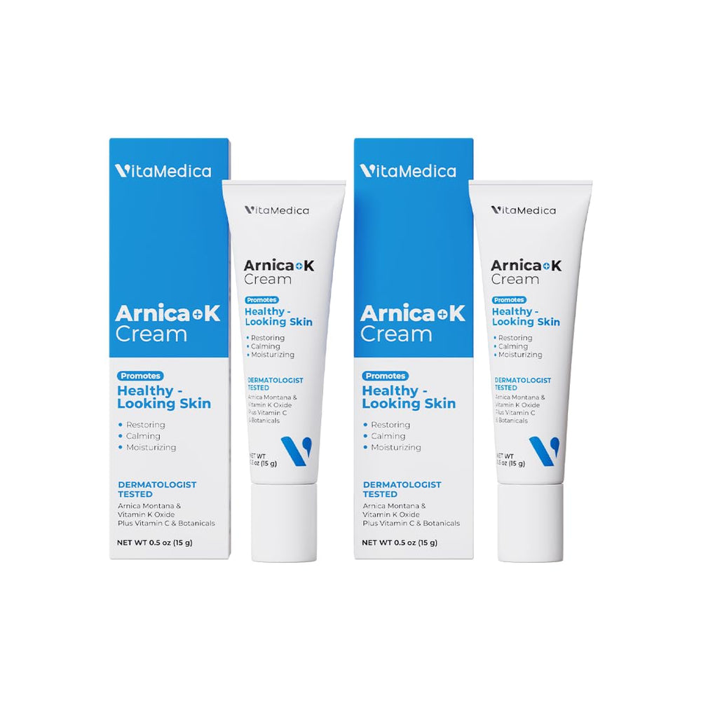 VitaMedica Arnica cream bottle emphasizes facial bruise support after bumps or treatments.