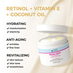 Vitamin World Retinol Cream ingredients scene features coconut oil and Vitamin E.