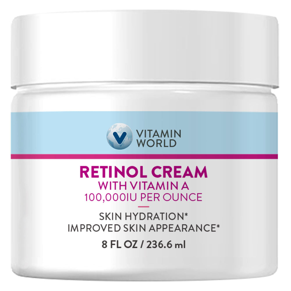 Vitamin World Retinol Cream jar close-up shows rich nighttime texture.