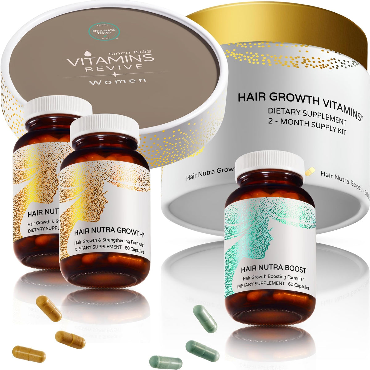 VITAMINS REVIVE Hair Supplement bottle front view for women seeking fuller hair.