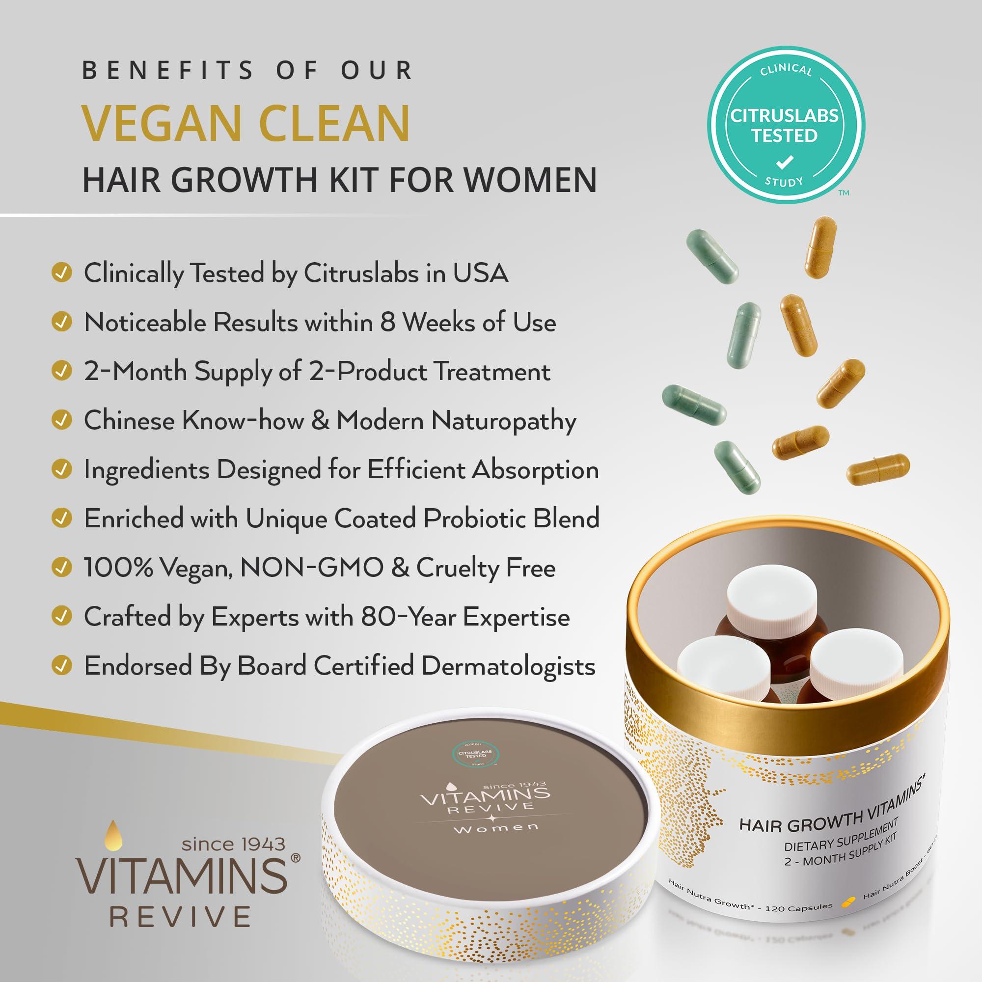 VITAMINS REVIVE Hair Supplement bottle side view, compact daily-use packaging.
