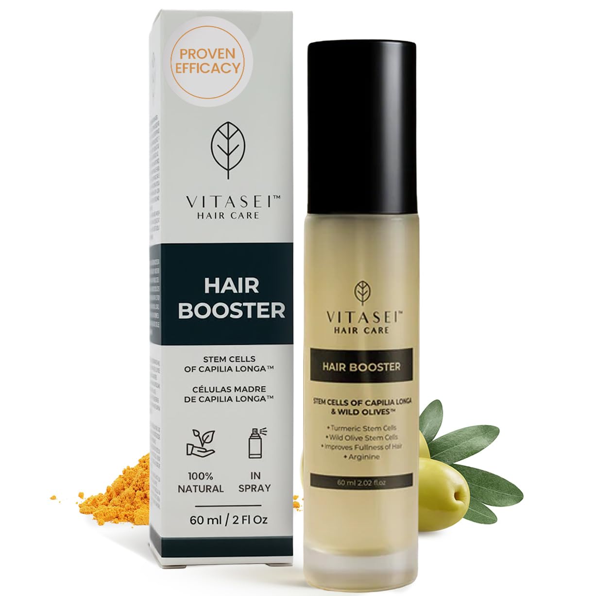 Vitasei Hair Booster bottle closeup showing premium serum for thicker hair