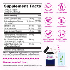 Close-up of Lustriva label highlighting dual ingredients for hair health support