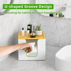 VITVITI face towel box with bamboo lid adds storage for makeup essentials on a vanity.