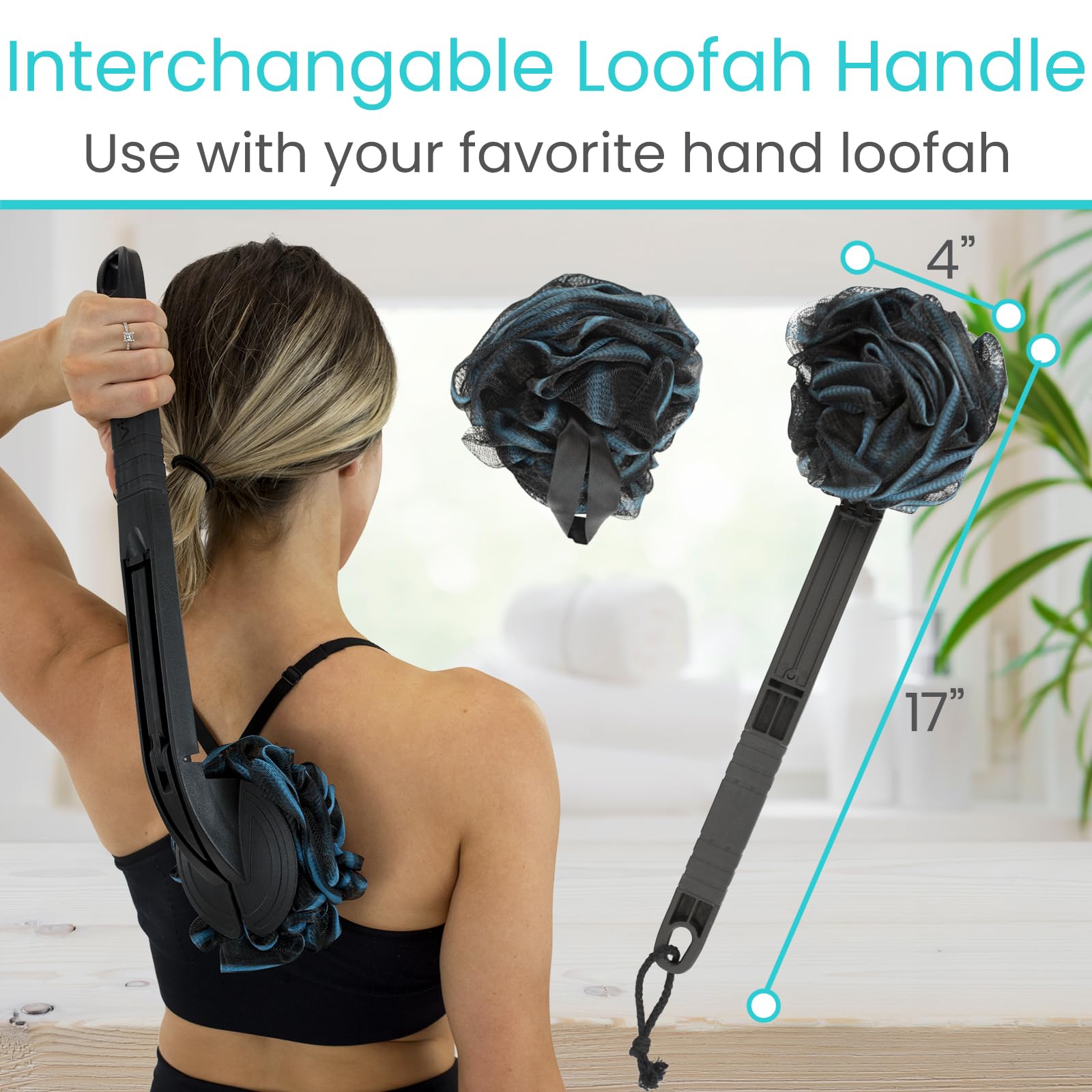 Vive extended reach 17-inch handle allows gentler bathing without bending